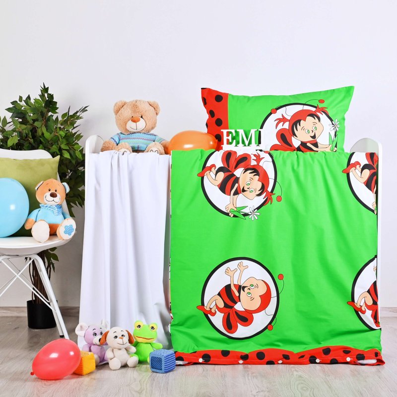 Detske povleceni_bavlnene_vcelky_zeleno_cervene_EMI